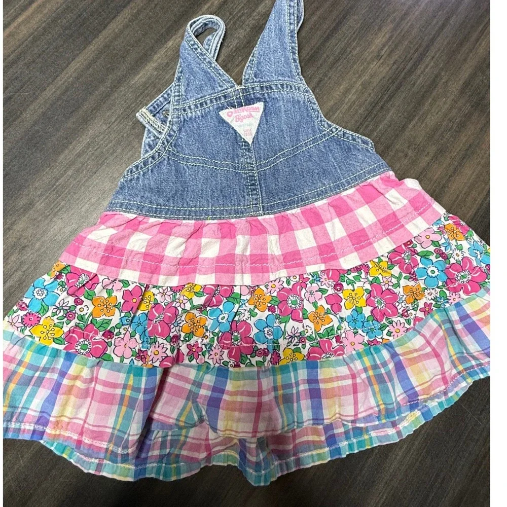 OshKosh Bgosh Denim Dress Floral‎ Plaid Ruffle Overalls Outfit 18 Months